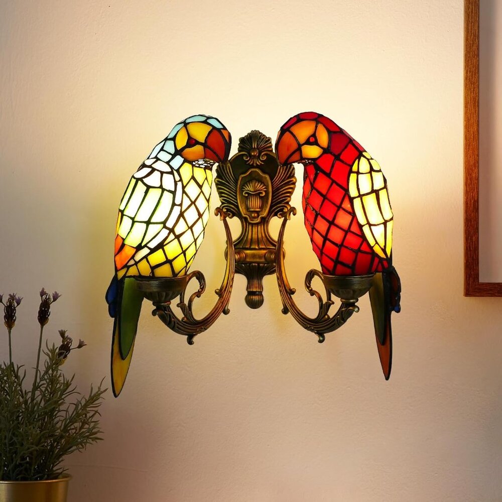 Tiffany Style Parrot Wall Sconce 2 Lights Handmade Stained Glass Wall Light